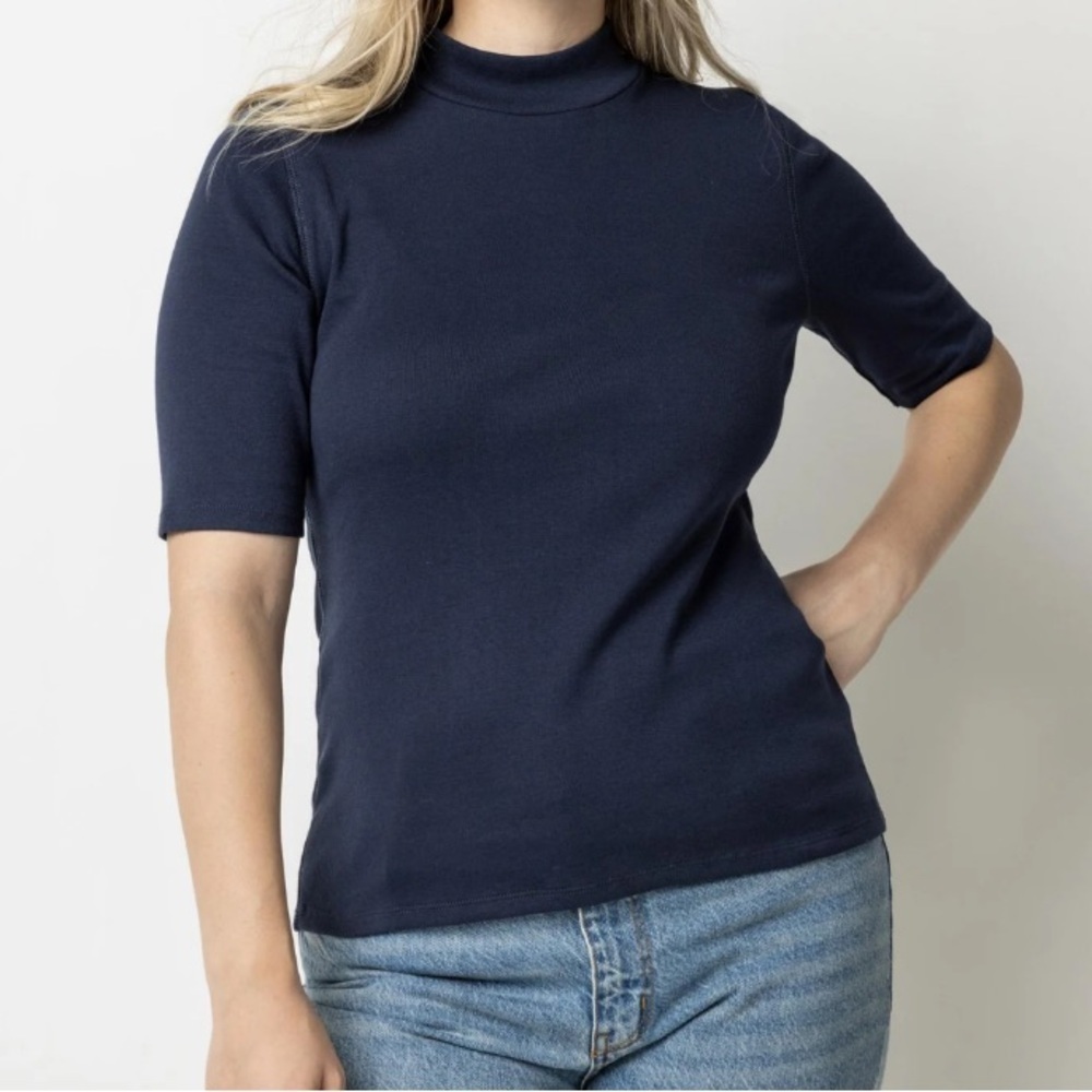 Lilla P | Dark Navy Elbow Sleeve Mock Neck Size Small